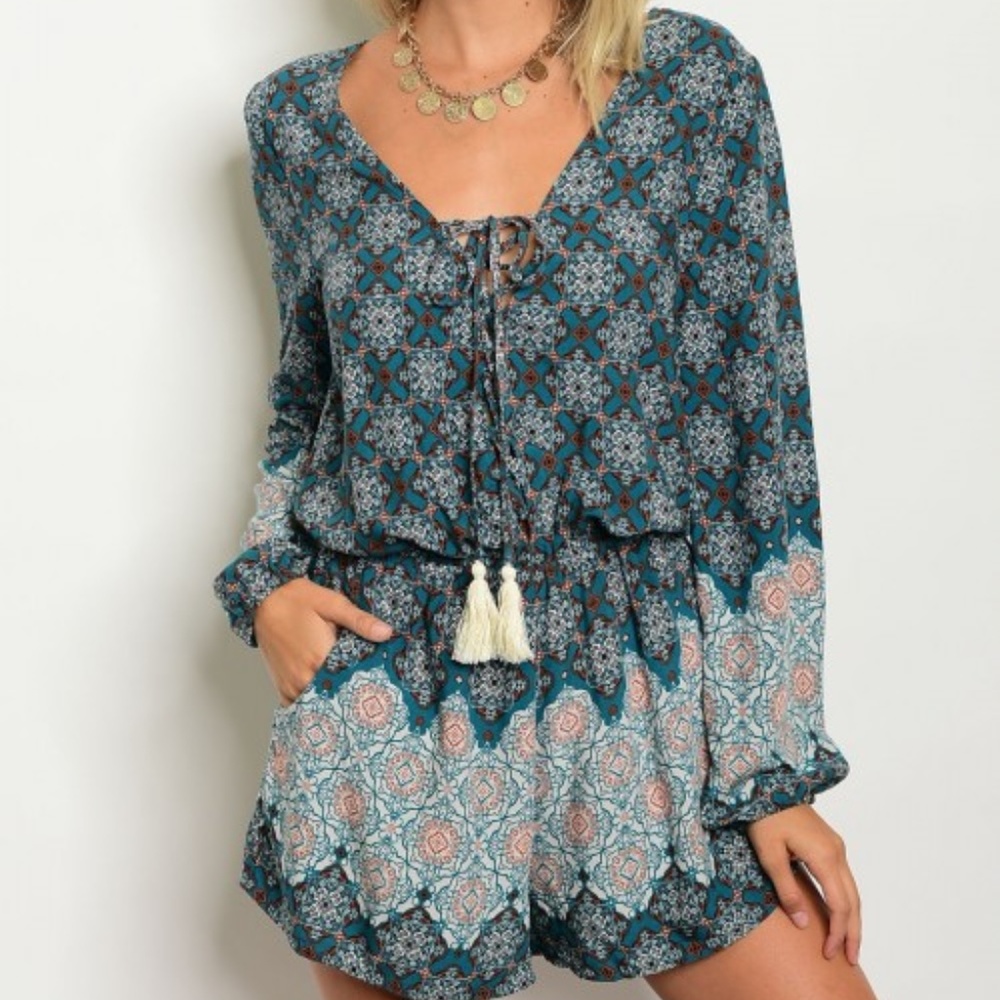 Last One Small! Lace Up Blue/Rust Romper